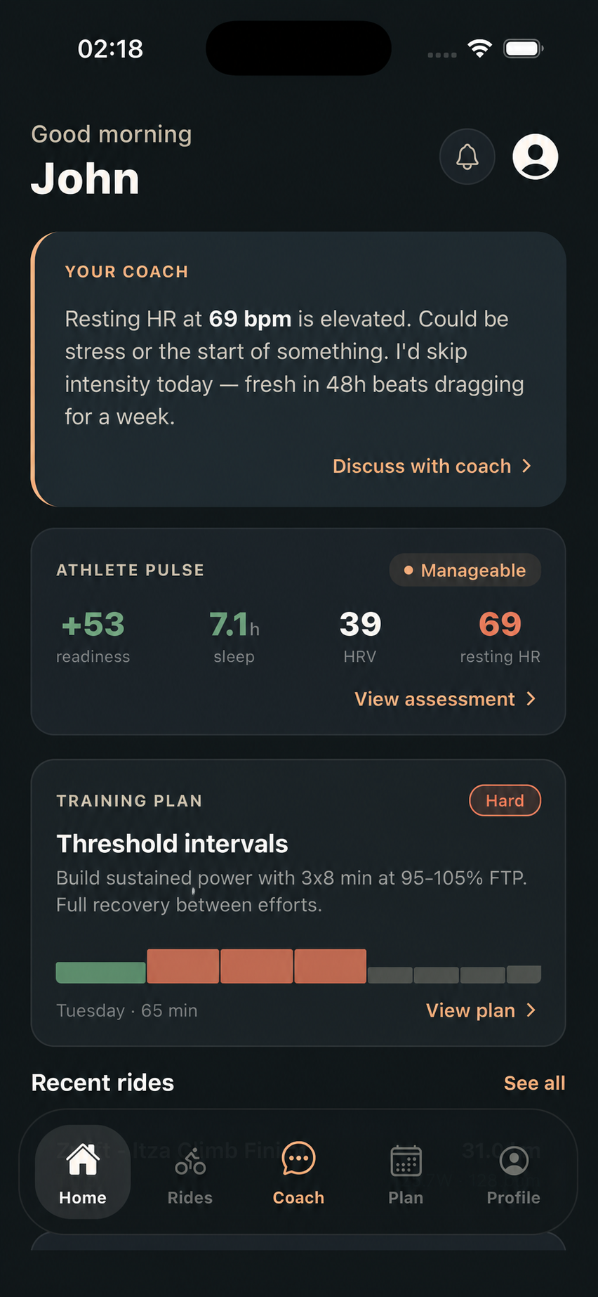 Cadence mobile home screen for John showing the coach, athlete pulse, and today's training