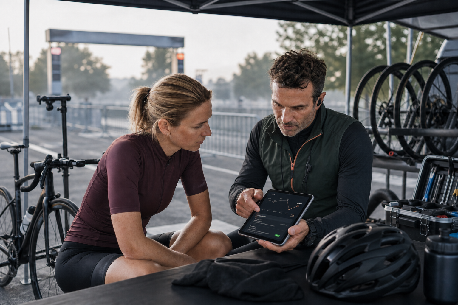 A committed cyclist reviewing Cadence progression analysis with a performance coach in a race paddock